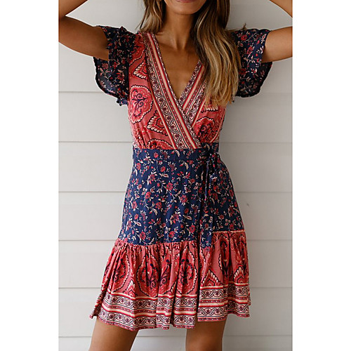 

Women's A Line Dress Short Mini Dress Blue Purple Red Blushing Pink Wine Fuchsia Orange Green Dusty Blue Light Green Short Sleeve Floral Color Block Patchwork Print Fall Summer V Neck Elegant Casual