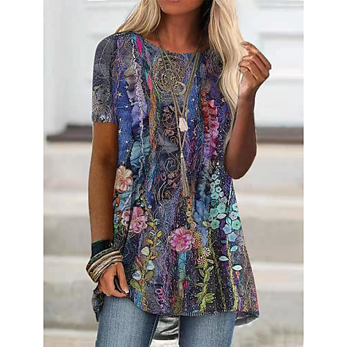 

Women's Floral Theme T shirt Floral Graphic Print Round Neck Tops Basic Basic Top Purple