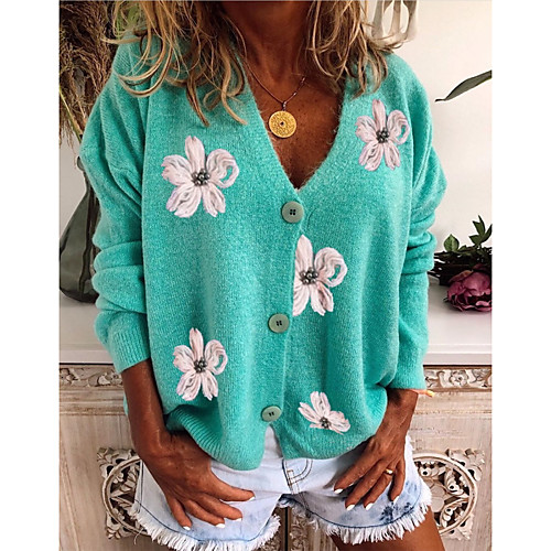 

Women's Knitted Floral Cardigan Long Sleeve Sweater Cardigans V Neck Winter Spring Red Green Gray