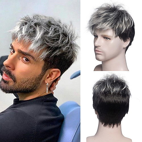 

Men Short Straight Wig Ombre Grey Brown Synthetic Wig White for Male Hair Fleeciness Realistic Natural Headgear