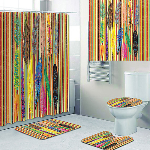 

Colorful Feathers Printed Bathtub Curtain liner Covered with Waterproof Fabric shower Curtain for Bathroom home Decoration with hook floor mat and four-piece Toilet mat