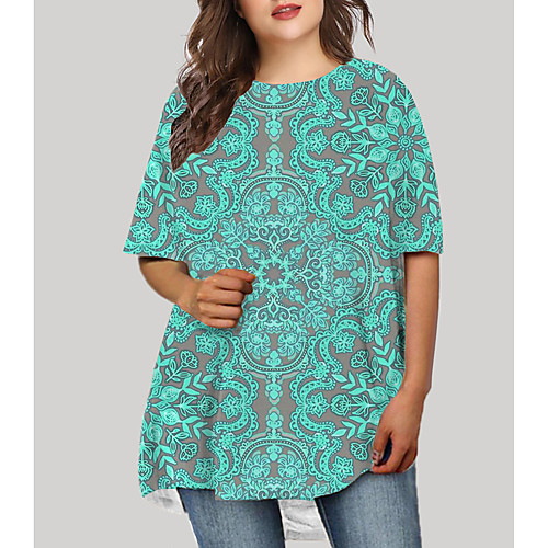 

Women's Plus Size Floral Graphic Tribal Print Basic Half Sleeve Fall Short Mini Dress T Shirt Dress Tee Dress Blue