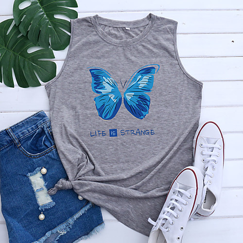 

Women's Tank Top Graphic Butterfly Letter Print Round Neck Tops Basic Basic Top Blue Purple Light gray