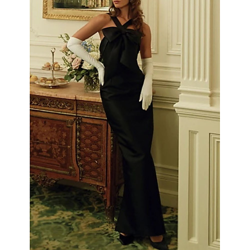 

Sheath / Column Beautiful Back Vintage Engagement Formal Evening Dress Halter Neck Sleeveless Ankle Length Satin with Sleek Bow(s) 2021