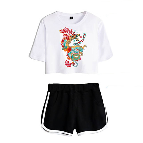 

Women's Basic Streetwear Print Vacation Casual / Daily Two Piece Set Crop Top Tracksuit T shirt Loungewear Shorts Print Tops
