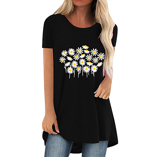 

amazon 2021 summer hot sale small daisy flowers casual large size mid-length round neck short-sleeved t-shirt women