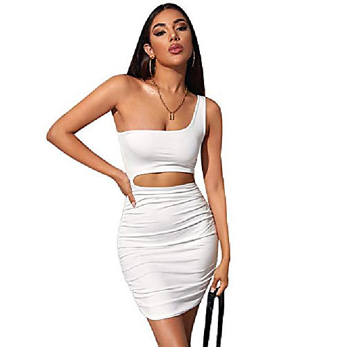 

shein women's one shoulder sleeveless cut out bodycon ruched short mini pencil dress white x-small