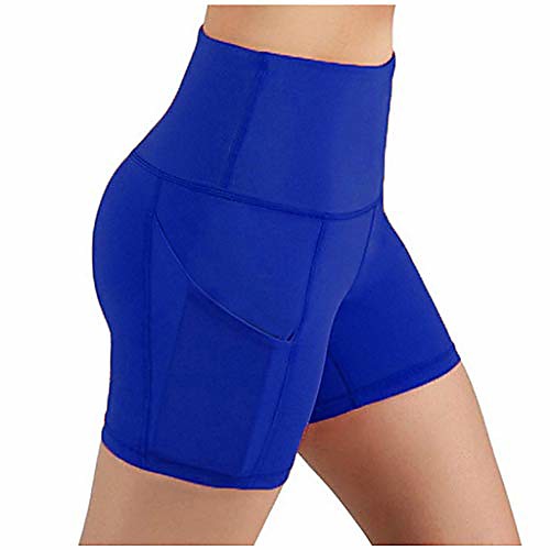 

lady solid pocket high-waist hip stretch underpants running fitness yoga shorts blue