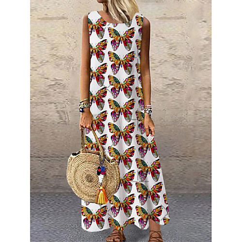 

Women's Shift Dress Maxi long Dress Khaki Sleeveless Print Animal Print Spring Summer Round Neck Casual 2021 S M L XL XXL 3XL