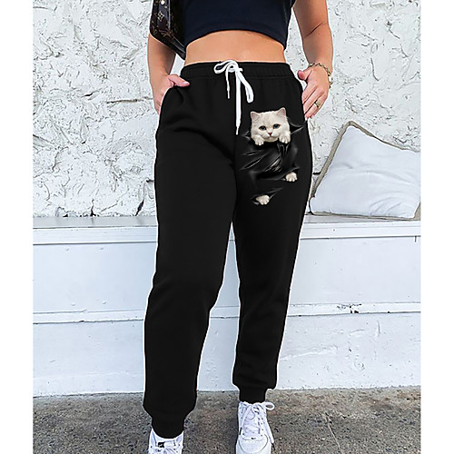 

Women's Streetwear Sweatpants Comfort Going out Weekend Jogger Pants Cat 3D Animal Full Length Elastic Drawstring Design Print Black