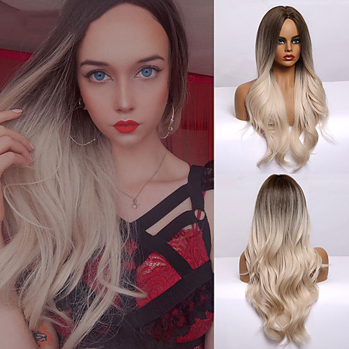 

Ombre Brown Light Blonde Platinum Long Wavy Middle Part Hair Wig Cosplay Natural Heat Resistant Synthetic Wig for Women