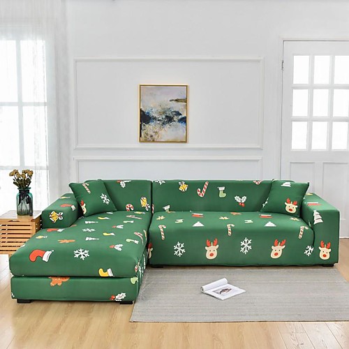 

Color Green Christmas Dustproof All-powerful Stretch L Shape Sofa Cover Super Soft Fabric Sofa Furniture Protector with One Free Boster Case