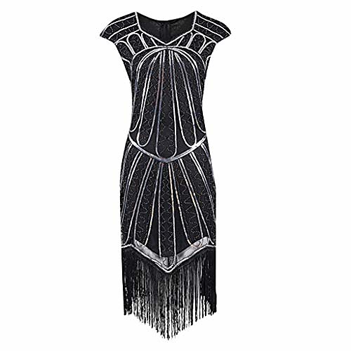 

Women's Sheath Dress Knee Length Dress Black Gold Black silver Pure black Red Short Sleeve Striped Sequins Tassel Fringe Spring Summer Vintage 2021 S M L XL XXL XXXL