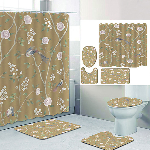 

Branch Magpie Digital Printing Four-piece Set Shower Curtains and Hooks Modern Polyester Machine Made Waterproof Bathroom