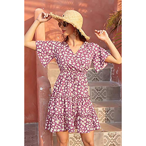 

yoaresweet women summer mini short beach dress ruffle layer floral print short sleeve vacation frock