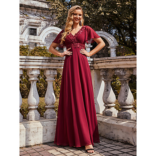 

A-Line V Neck Floor Length Chiffon Bridesmaid Dress with Ruffles / Appliques / Ruching