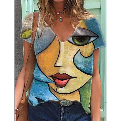 

Women's T shirt Portrait V Neck Tops Basic Basic Top Blue Red