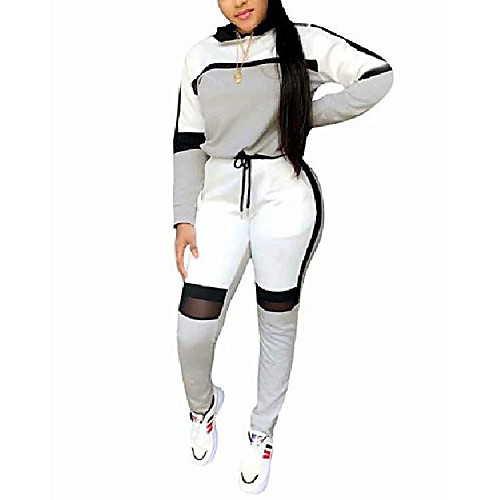 

womens casual two piece outfits patchwork net color block hooded top pant set jogger tracksuit with pockets gray xxl