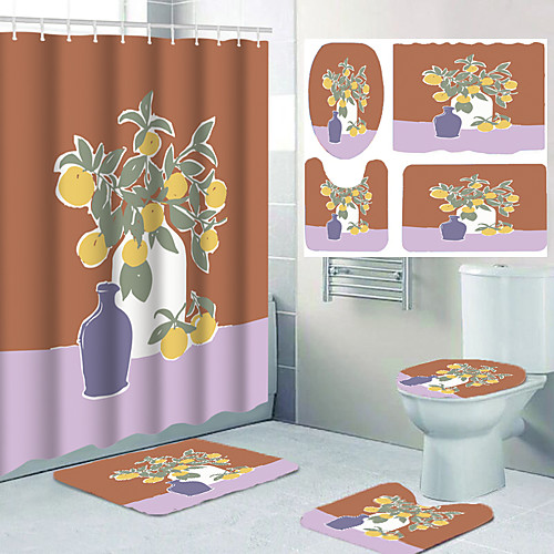 

Digital Printing Four-piece Waterproof Shower Curtain and Hook Foot Mat Four-piece Home Decoration