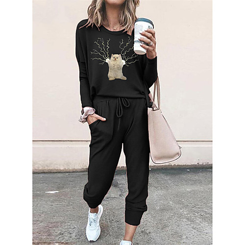 

Women Basic Streetwear Cat Vacation Casual / Daily Two Piece Set Tracksuit T shirt Pant Loungewear Drawstring Print Tops