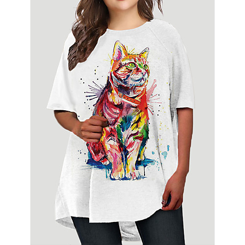 

Women's Plus Size Cat Graphic Animal Print Basic Half Sleeve Fall Short Mini Dress T Shirt Dress Tee Dress Blue Red