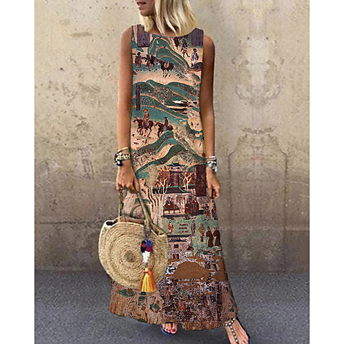 

Women's Shift Dress Maxi long Dress Brown Sleeveless Print Animal Print Spring Summer Round Neck Casual 2021 S M L XL XXL 3XL