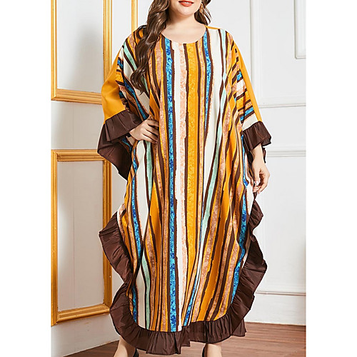 

Women's Kaftan Dress Maxi long Dress Camel Long Sleeve Striped Patchwork Summer Round Neck Casual Batwing Sleeve 2021 One-Size