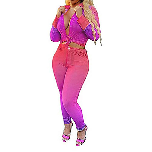 

sexy two piece outfits for women long sleeve gradient tie dye print shirt blouse bodycon stretch long pants set fall outfits for women 2 piece club outfits lounge sets purple, small