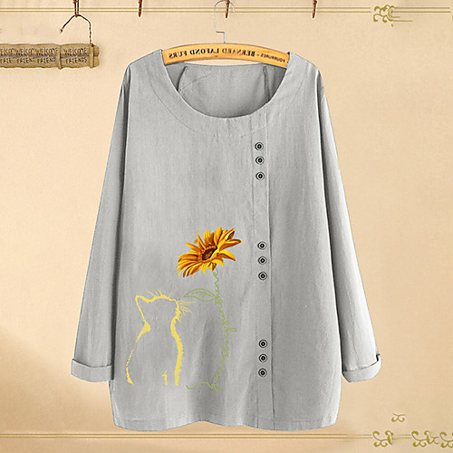

Women's Plus Size Print Cat Graphic Sunflower Shirt Large Size Round Neck Long Sleeve Tops XL 2XL 3XL Big Size