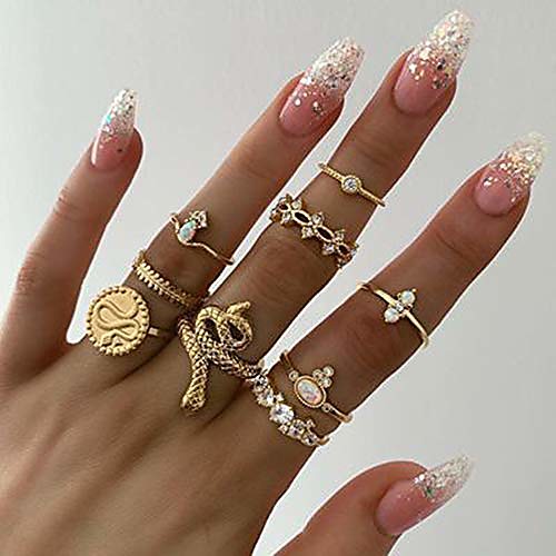 

beryuan statement snake ring gold ring set women white gem stone mid finger ring gift for her gift for girls teens (9pcs)