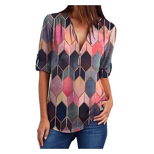 

Women's Blouse Graphic Long Sleeve Zipper V Neck Tops Basic Top Blue Red Yellow