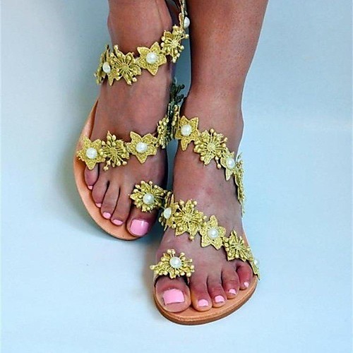 

Women's Sandals Boho Bohemia Beach Flat Heel Round Toe PU Color Block Gold