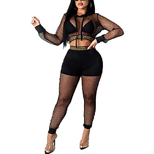 

women sexy mesh 2 piece outfits sheer crochet clubwear long sleeve pullover hoodie party playsuit sets black