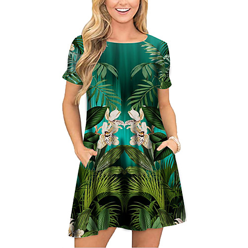 

Women's T Shirt Dress Tee Dress Short Mini Dress Green Short Sleeve Floral Print Pocket Print Spring Summer Round Neck Casual 2021 S M L XL XXL 3XL