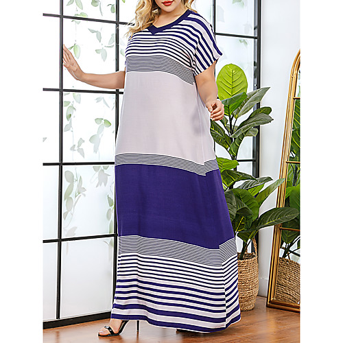 

Women's Plus Size Striped Print Casual Short Sleeve Spring & Summer Maxi long Dress Shift Dress Blue