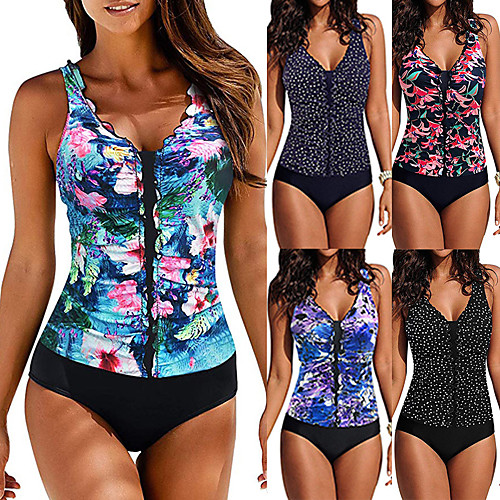 

Women's One Piece Swimsuit Nylon Swimwear Bodysuit Quick Dry Breathable Sleeveless Front Zip - Swimming Surfing Water Sports Floral / Botanical Summer