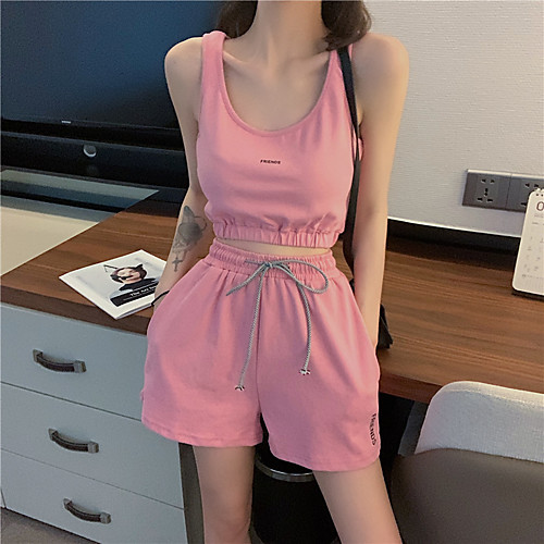 

Women's 2pcs Yoga Suit Drawstring Solid Color rice white Black Pink Yoga Running Shorts Tee Tshirt Tank Top Sleeveless Sport Activewear Micro-elastic Slim / Casual