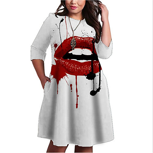 

Women's Plus Size Dresses Shift Dress Knee Length Dress 3/4 Length Sleeve Graphic Mouth Print Basic Fall Gray XL XXL 3XL 4XL 5XL / Holiday
