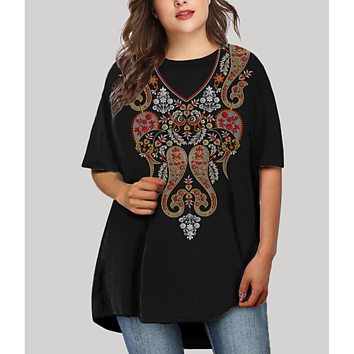 

Women's Plus Size Dresses T Shirt Dress Tee Dress Short Mini Dress Half Sleeve Floral Graphic Tribal Print Basic Fall Black XL XXL 3XL 4XL 5XL / Holiday