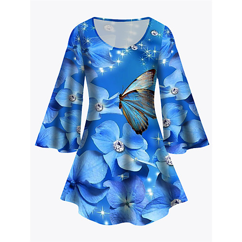 

Women's Plus Size Print Floral Graphic Butterfly Tunic Large Size Crewneck 3/4 Length Sleeve Basic Tops XL XXL 3XL Blue Big Size
