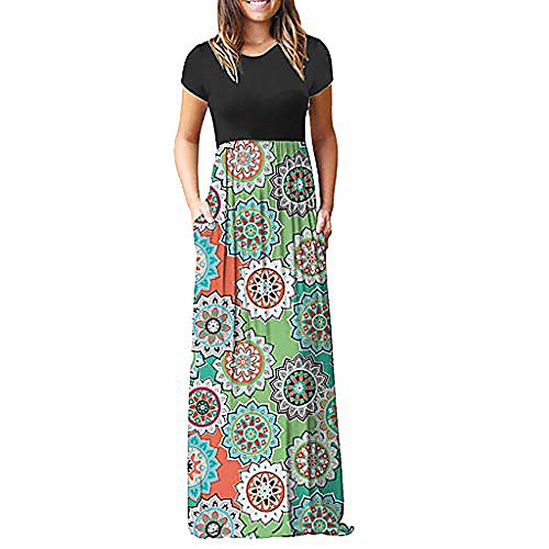

womens casual sleeve o-neck floral print maxi tank long dress green