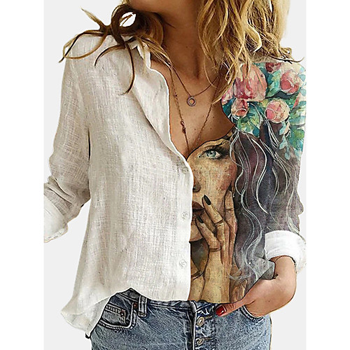 

Women's Blouse Shirt Floral Graphic Long Sleeve Button Print Shirt Collar Tops Basic Streetwear Basic Top White Blue Gray