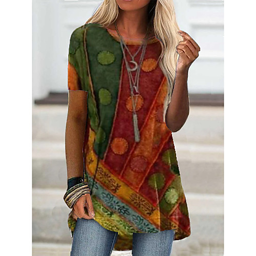 

Women's T shirt Graphic Color Block Print Round Neck Tops Basic Basic Top Blue Purple Red