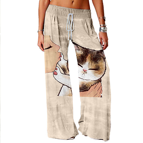 

Women's Basic Soft Comfort Daily Home Chinos Pants Cat Graphic Prints Full Length Elastic Drawstring Design Print Khaki Gray
