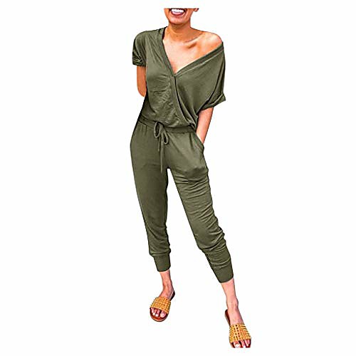 

womens sexy deep v neck short sleeve wrap drawstring waist jumpsuit romper with pockets(army green,large)