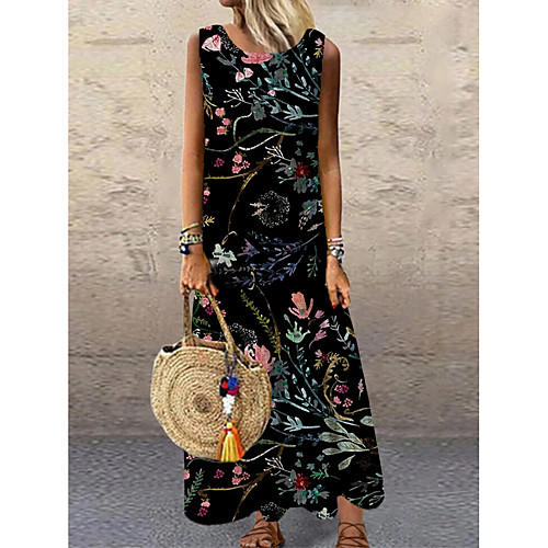 

Women's Shift Dress Maxi long Dress Black Sleeveless Floral Print Print Spring Summer Round Neck Casual 2021 S M L XL XXL 3XL