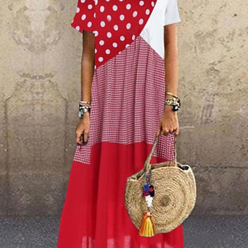

aliexpress new polka dot stitching plaid short-sleeved long dress