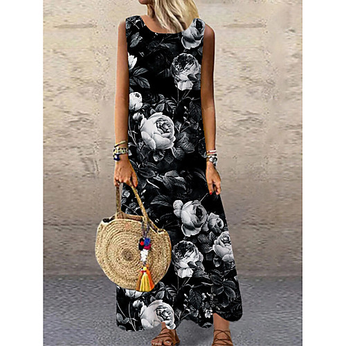 

Women's Shift Dress Maxi long Dress Black Sleeveless Floral Print Print Spring Summer Round Neck Casual 2021 S M L XL XXL 3XL
