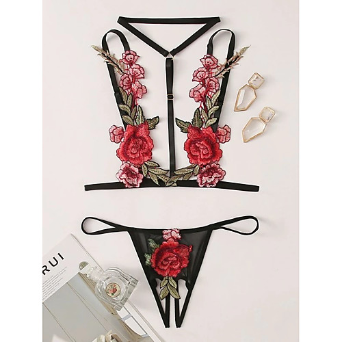 

Women's Layered Lace Hole Matching Bralettes Suits Nightwear Floral Solid Colored Embroidered Bra White / Black XS S M