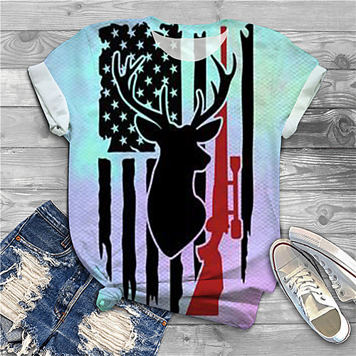 

Women's Plus Size Print Graphic Flag Animal T shirt Large Size Crewneck Short Sleeve Basic Tops XL XXL 3XL Blue Big Size